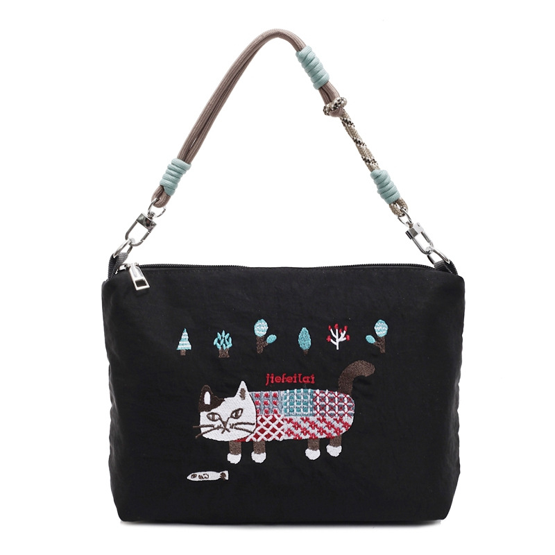 Najlonska torba s mačjim vyšitkom, vodootporna, crossbody za žene