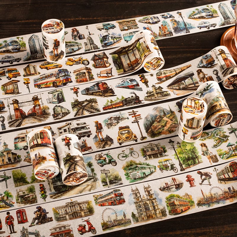 Bandă Washi Beautiful Day: Serie de scene urbane cu mașini pentru planner/jurnal – decor DIY și colaj