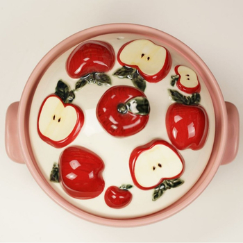 Oală ceramică cu model de fructe, stil chinezesc, pentru orez gătit în oală de lut, vas plat cu capac ceramic, rezistentă la temperaturi ridicate.