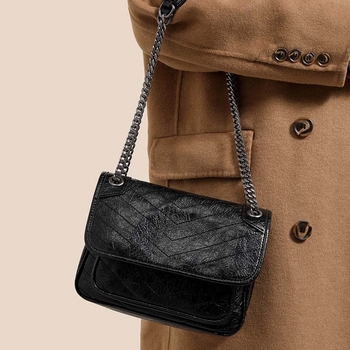 Starry ženska kožna messenger torba, srednje veličine, urbani minimalistički stil, koža s uljem voskom, lančana ramenska, zatvaranje s preklopom, podstava od poliestera, unutarnja džep sa zipom, horizontalni kvadratni oblik, retro stil, ljeto 2024