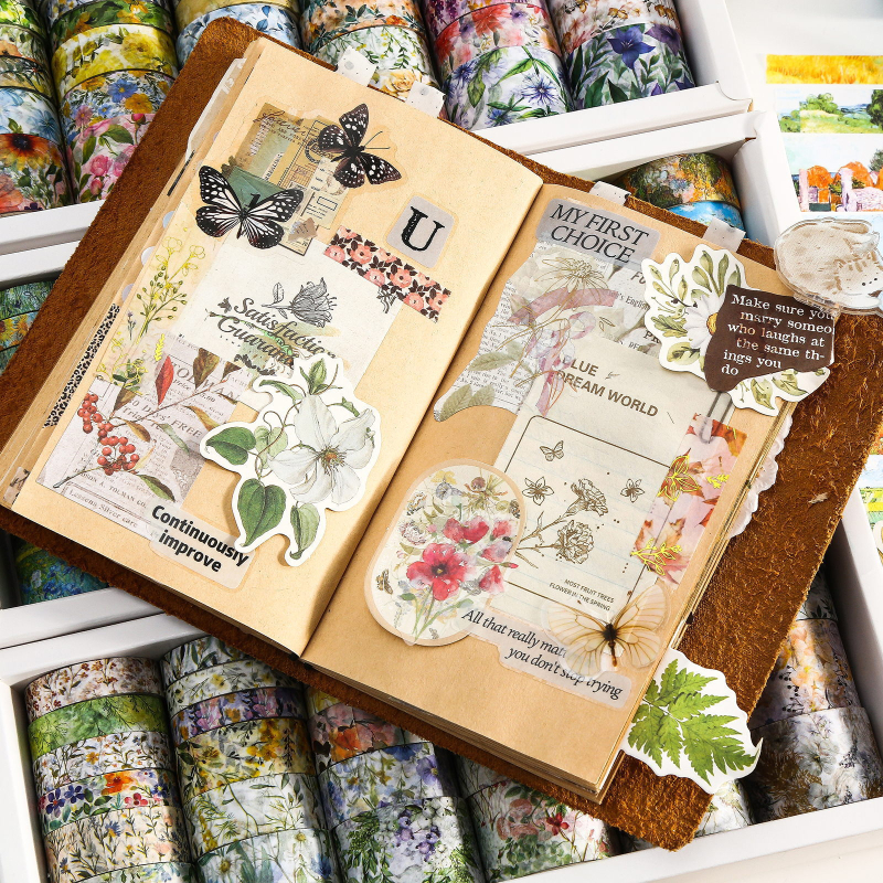 Set Moyl Washi din seria Windflower – motif flori sălbatice, Van Gogh, bandă impermeabilă DIY pentru jurnal
