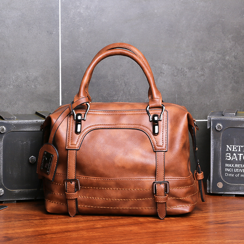 Retro ženska torbica Boston od uljano-voskane kože, ručna, preko ramena ili crossbody, velika zapremina, moderan euro-američki stil.