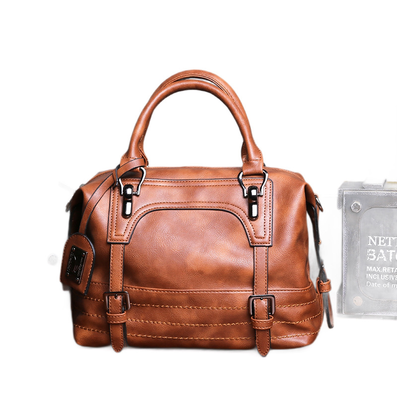 Retro ženska torbica Boston od uljano-voskane kože, ručna, preko ramena ili crossbody, velika zapremina, moderan euro-američki stil.