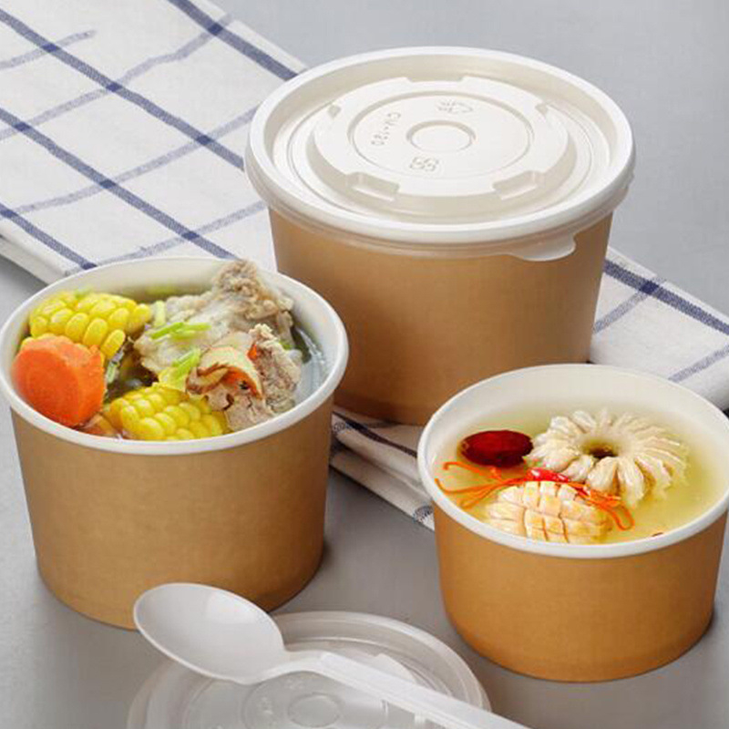 Vas de unică folosință din Kraft cu capac - bol rotund pentru prânz, 850 ml / 500 ml