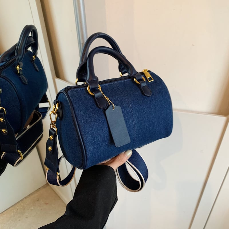 Деним чанта за рамо с контрастни шевове, стилна ежедневна чанта Boston