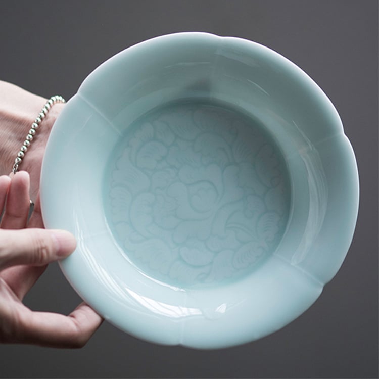 Set ceai ceramic Kung Fu cu suport sculptat pentru ceainic și bol cu capac