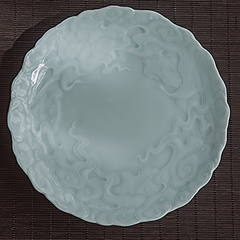 Set ceai ceramic Kung Fu cu suport sculptat pentru ceainic și bol cu capac