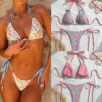 Ananász mintás két részes bikini, kötős pántokkal, strand- és spa nyaraláshoz