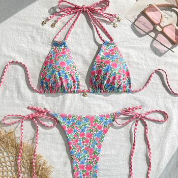 Ananász mintás két részes bikini, kötős pántokkal, strand- és spa nyaraláshoz