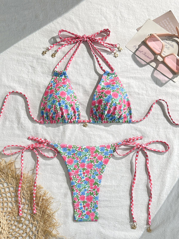 Ananász mintás két részes bikini, kötős pántokkal, strand- és spa nyaraláshoz