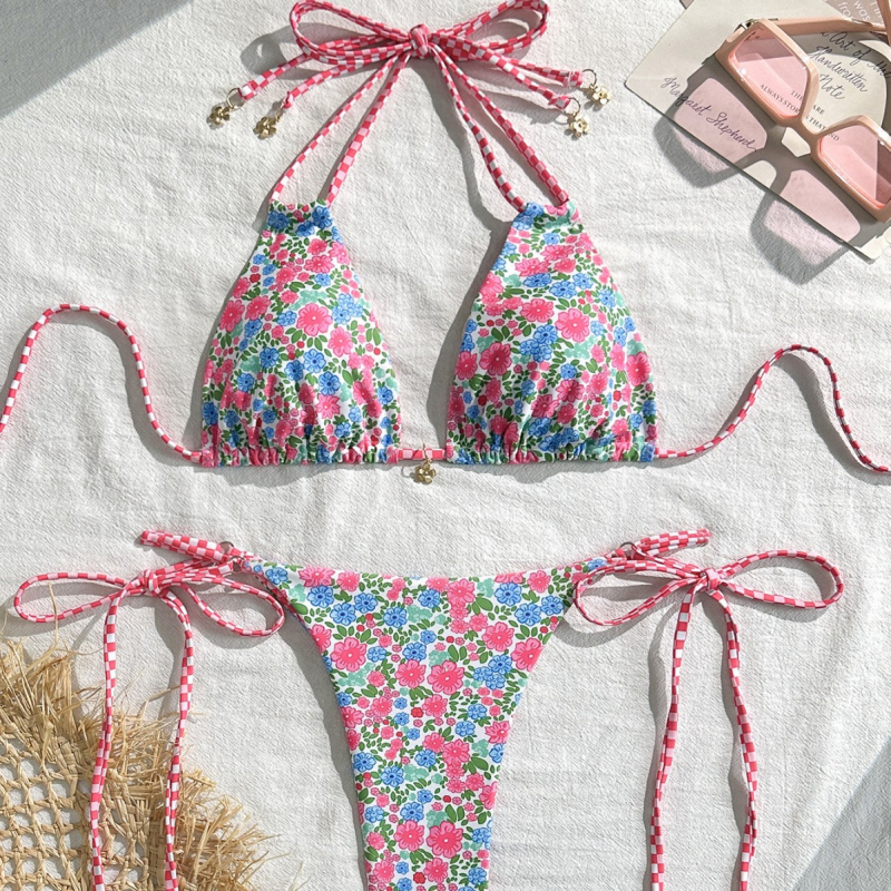 Ananász mintás két részes bikini, kötős pántokkal, strand- és spa nyaraláshoz