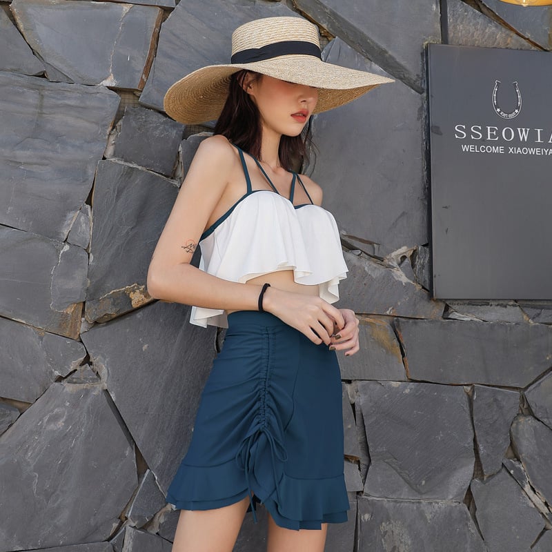 Ženski trodijelni kupaći kostim s push-upom za mali bust, Chanel stil, kupaći s suknjicom