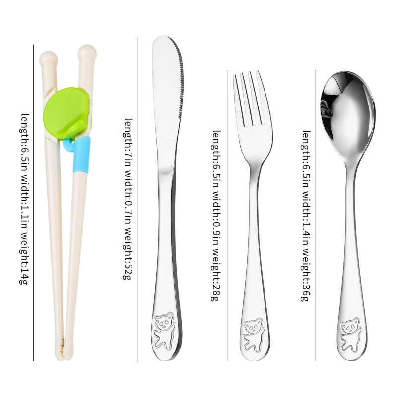 Set de tacâmuri pentru copii din oțel inoxidabil 304, cu design urs de desene animate — cuțit, furculiță, lingură și bețișoare pentru învățare