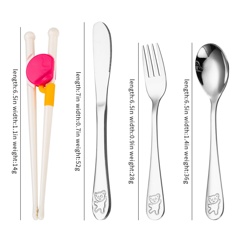 Set de tacâmuri pentru copii din oțel inoxidabil 304, cu design urs de desene animate — cuțit, furculiță, lingură și bețișoare pentru învățare