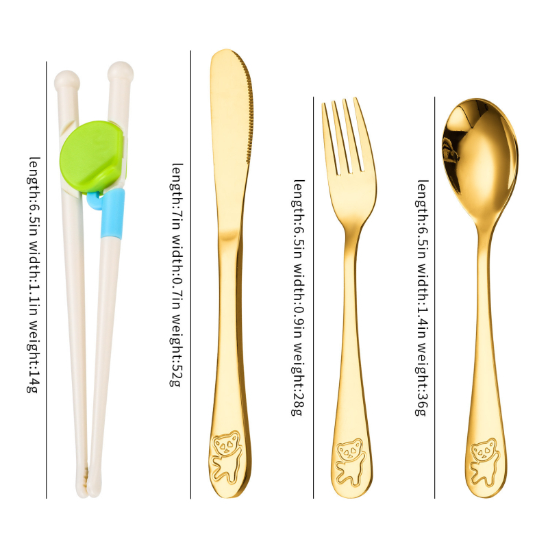 Set de tacâmuri pentru copii din oțel inoxidabil 304, cu design urs de desene animate — cuțit, furculiță, lingură și bețișoare pentru învățare
