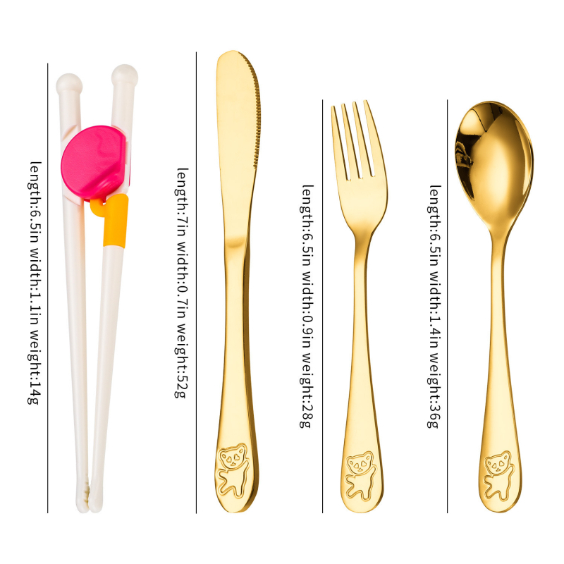 Set de tacâmuri pentru copii din oțel inoxidabil 304, cu design urs de desene animate — cuțit, furculiță, lingură și bețișoare pentru învățare