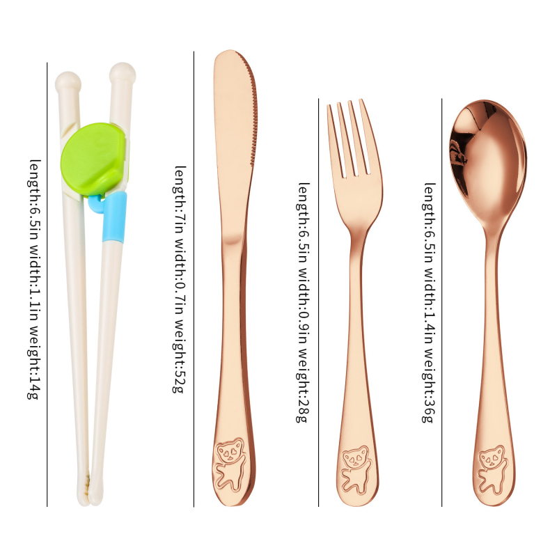 Set de tacâmuri pentru copii din oțel inoxidabil 304, cu design urs de desene animate — cuțit, furculiță, lingură și bețișoare pentru învățare
