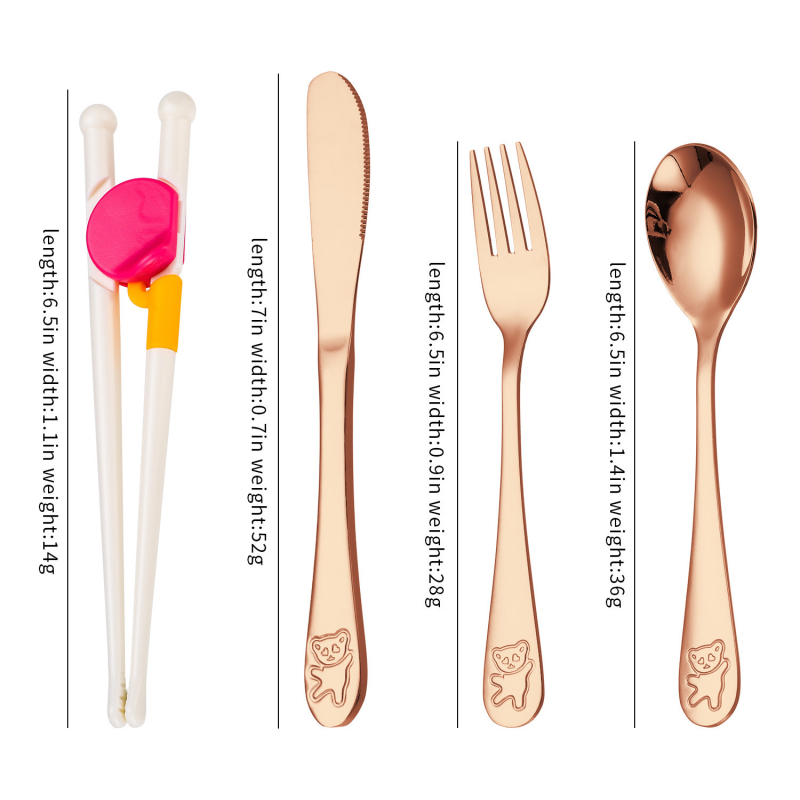 Set de tacâmuri pentru copii din oțel inoxidabil 304, cu design urs de desene animate — cuțit, furculiță, lingură și bețișoare pentru învățare