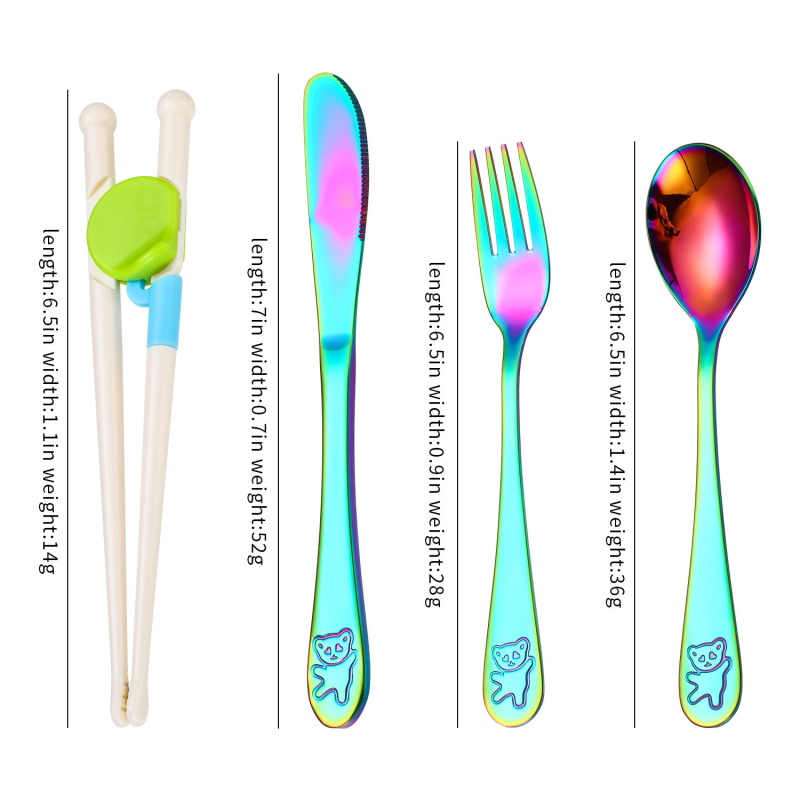 Set de tacâmuri pentru copii din oțel inoxidabil 304, cu design urs de desene animate — cuțit, furculiță, lingură și bețișoare pentru învățare