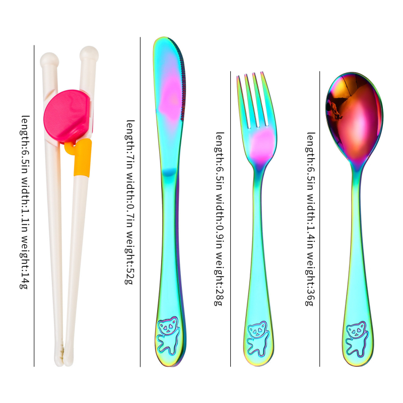 Set de tacâmuri pentru copii din oțel inoxidabil 304, cu design urs de desene animate — cuțit, furculiță, lingură și bețișoare pentru învățare