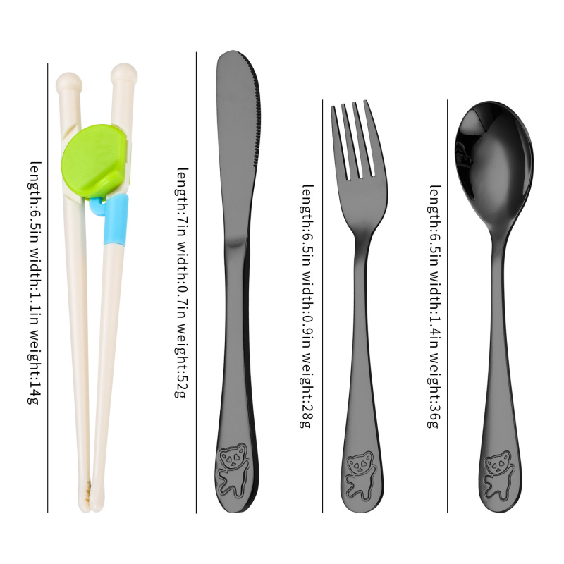 Set de tacâmuri pentru copii din oțel inoxidabil 304, cu design urs de desene animate — cuțit, furculiță, lingură și bețișoare pentru învățare