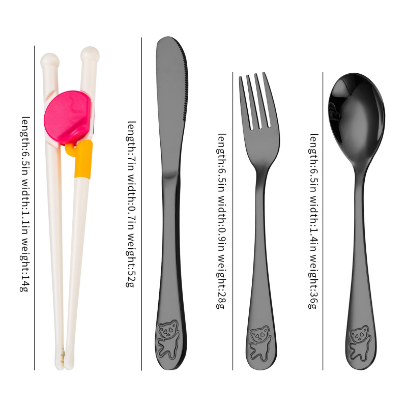 Set de tacâmuri pentru copii din oțel inoxidabil 304, cu design urs de desene animate — cuțit, furculiță, lingură și bețișoare pentru învățare