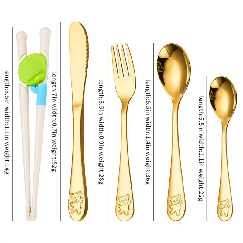 Set de tacâmuri pentru copii din oțel inoxidabil 304, cu design urs de desene animate — cuțit, furculiță, lingură și bețișoare pentru învățare