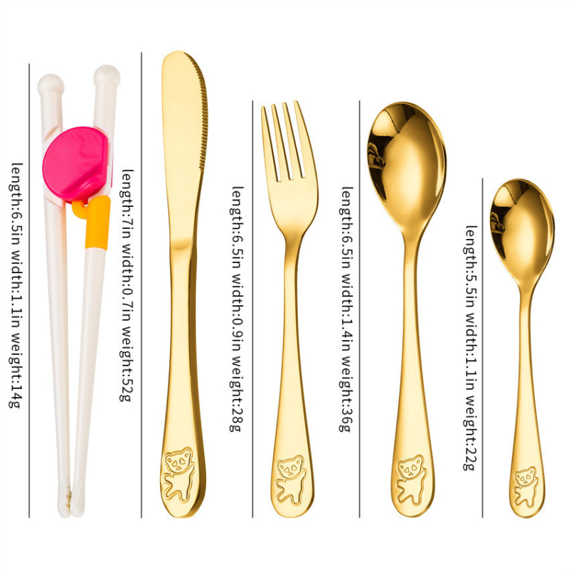 Set de tacâmuri pentru copii din oțel inoxidabil 304, cu design urs de desene animate — cuțit, furculiță, lingură și bețișoare pentru învățare