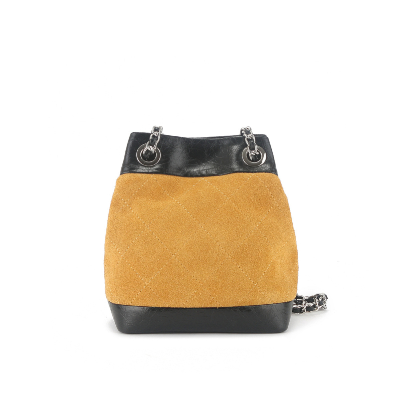 Ženska crossbody torbica bucket iz nubuk kože, mala, vintage stil, s lančanim remenom