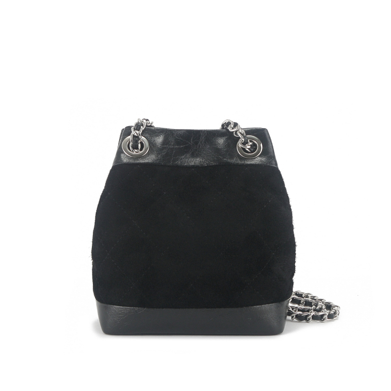 Ženska crossbody torbica bucket iz nubuk kože, mala, vintage stil, s lančanim remenom