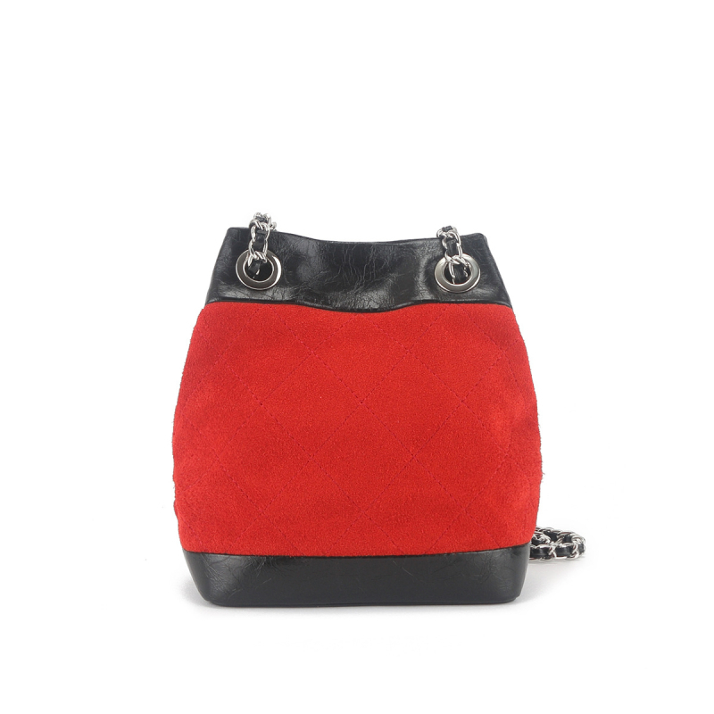Ženska crossbody torbica bucket iz nubuk kože, mala, vintage stil, s lančanim remenom