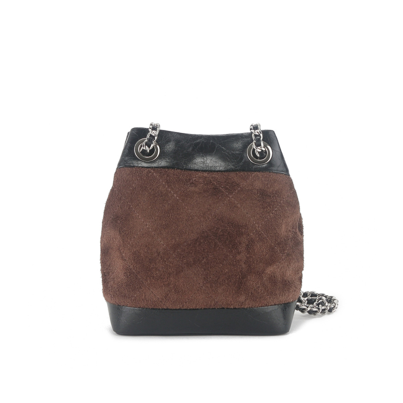 Ženska crossbody torbica bucket iz nubuk kože, mala, vintage stil, s lančanim remenom