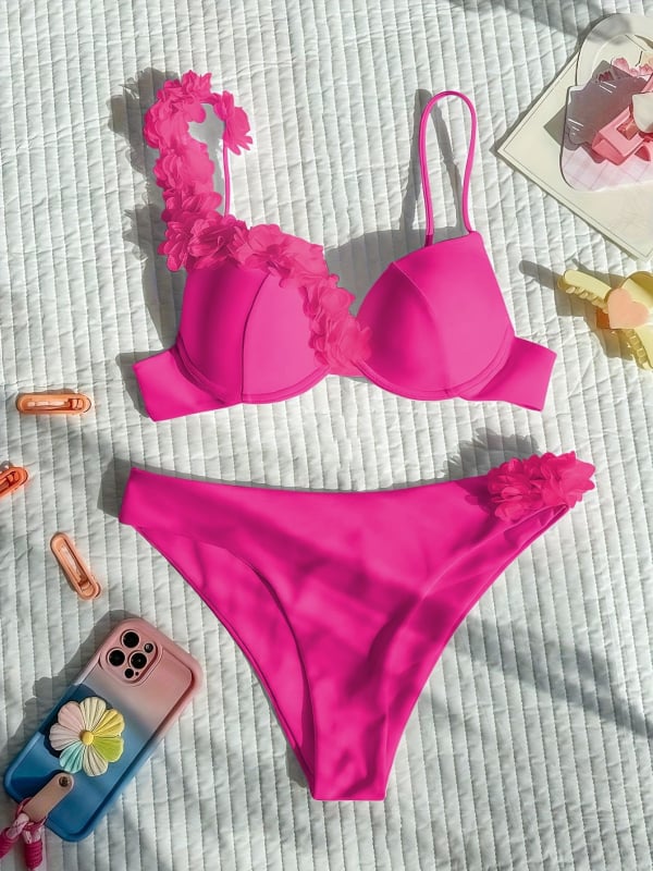 Bikini 2026: Seksi europsko-američki stil, jednobojna s cvjetnim uzorkom, trokutasti kupaći kostim za plažu s čvrstim košaricama