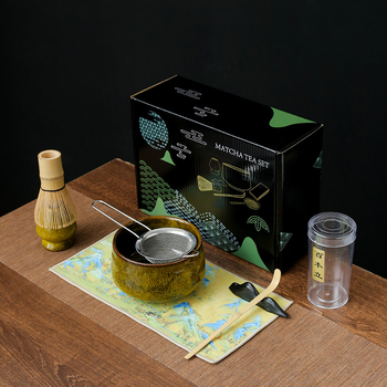 Set ceremonial de ceai din bambus, ceramică: perie pentru matcha, agitator, suport pentru chasen și bol pentru matcha