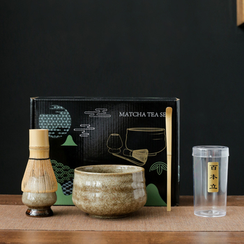 Set ceremonial de ceai din bambus, ceramică: perie pentru matcha, agitator, suport pentru chasen și bol pentru matcha