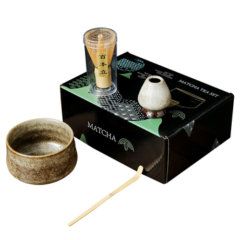 Set ceremonial de ceai din bambus, ceramică: perie pentru matcha, agitator, suport pentru chasen și bol pentru matcha
