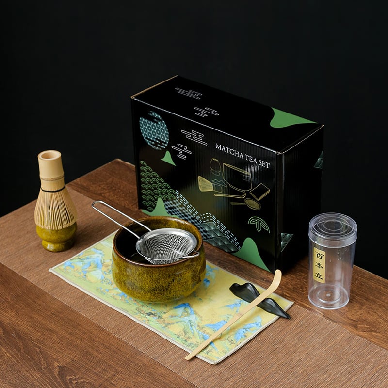 Set ceremonial de ceai din bambus, ceramică: perie pentru matcha, agitator, suport pentru chasen și bol pentru matcha