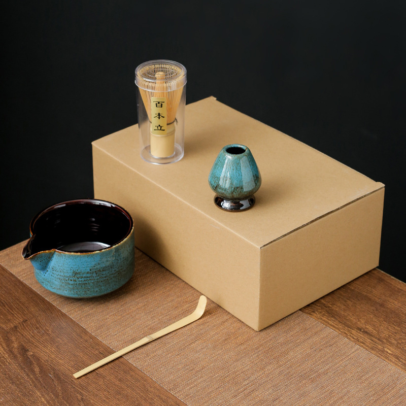 Set ceremonial de ceai din bambus, ceramică: perie pentru matcha, agitator, suport pentru chasen și bol pentru matcha