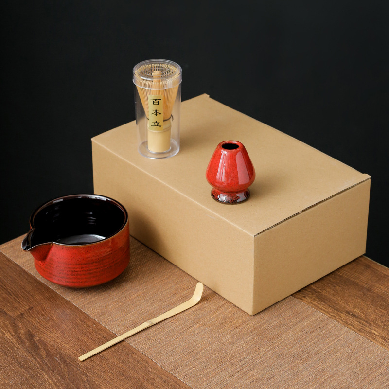 Set ceremonial de ceai din bambus, ceramică: perie pentru matcha, agitator, suport pentru chasen și bol pentru matcha