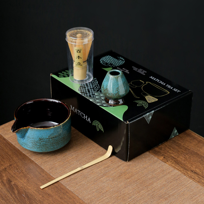 Set ceremonial de ceai din bambus, ceramică: perie pentru matcha, agitator, suport pentru chasen și bol pentru matcha
