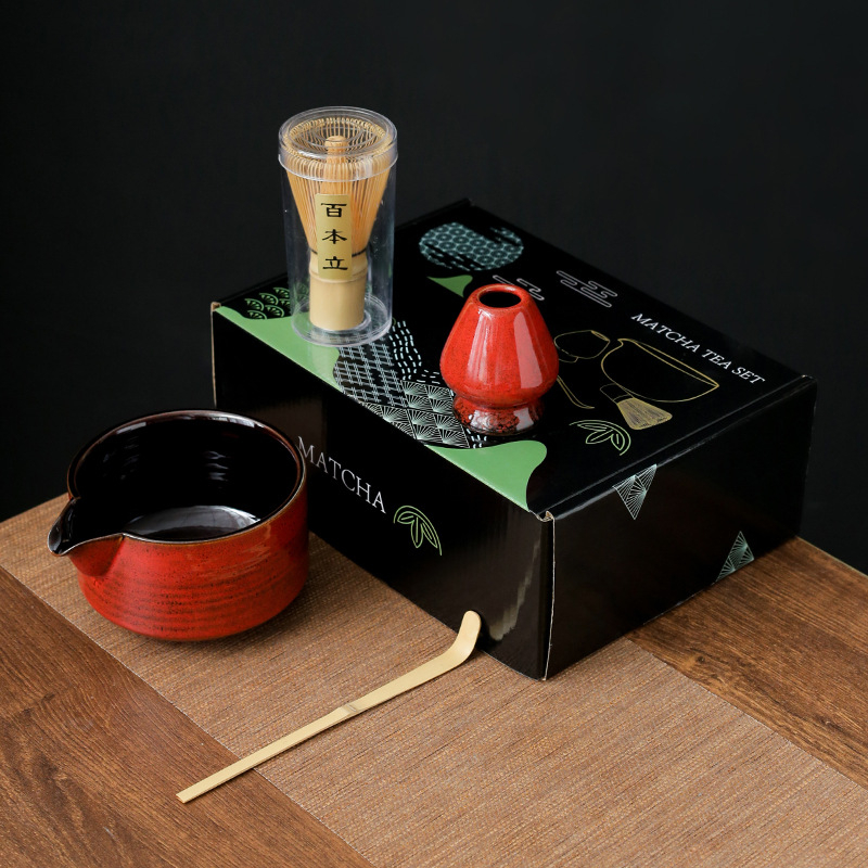 Set ceremonial de ceai din bambus, ceramică: perie pentru matcha, agitator, suport pentru chasen și bol pentru matcha