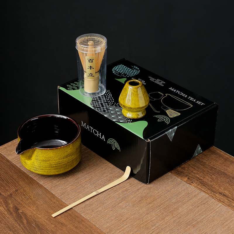 Set ceremonial de ceai din bambus, ceramică: perie pentru matcha, agitator, suport pentru chasen și bol pentru matcha