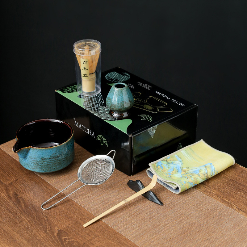 Set ceremonial de ceai din bambus, ceramică: perie pentru matcha, agitator, suport pentru chasen și bol pentru matcha