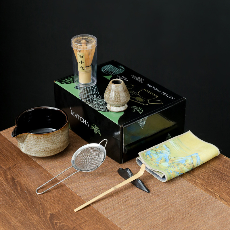 Set ceremonial de ceai din bambus, ceramică: perie pentru matcha, agitator, suport pentru chasen și bol pentru matcha