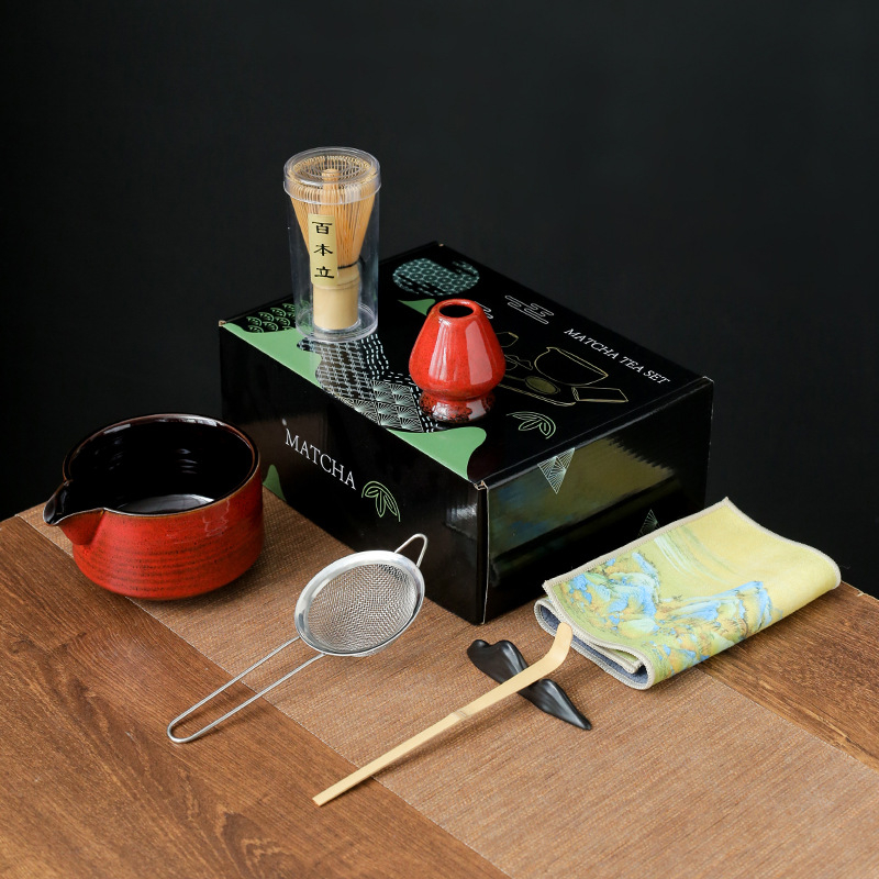 Set ceremonial de ceai din bambus, ceramică: perie pentru matcha, agitator, suport pentru chasen și bol pentru matcha