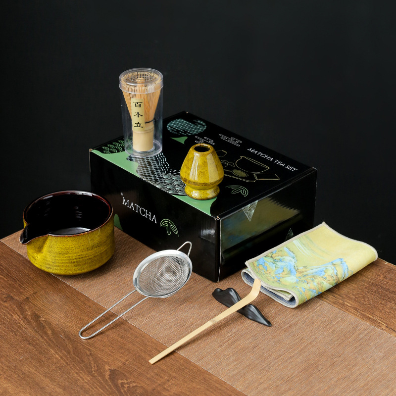 Set ceremonial de ceai din bambus, ceramică: perie pentru matcha, agitator, suport pentru chasen și bol pentru matcha