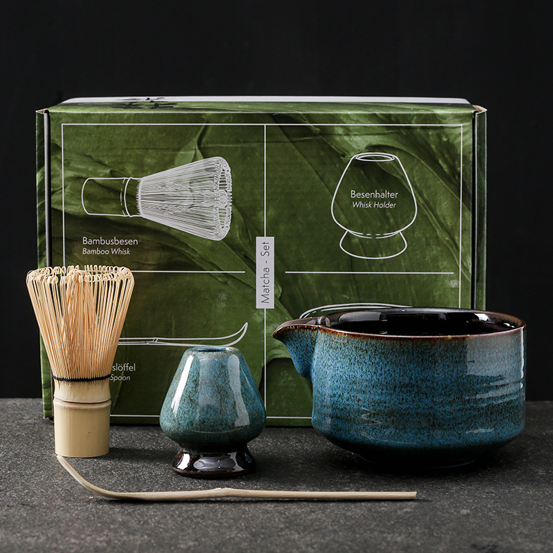 Set ceremonial de ceai din bambus, ceramică: perie pentru matcha, agitator, suport pentru chasen și bol pentru matcha