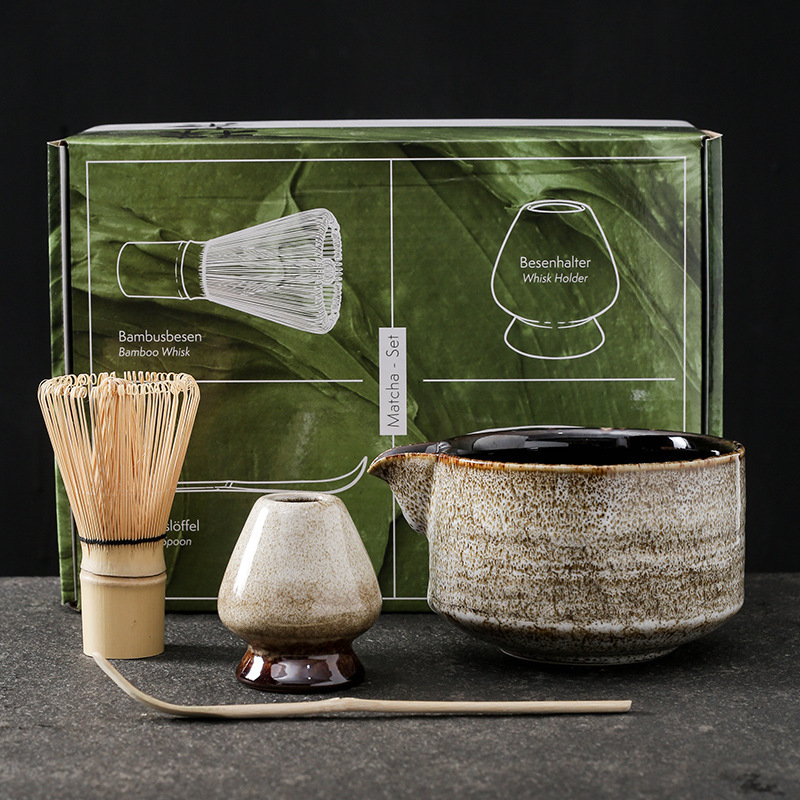 Set ceremonial de ceai din bambus, ceramică: perie pentru matcha, agitator, suport pentru chasen și bol pentru matcha
