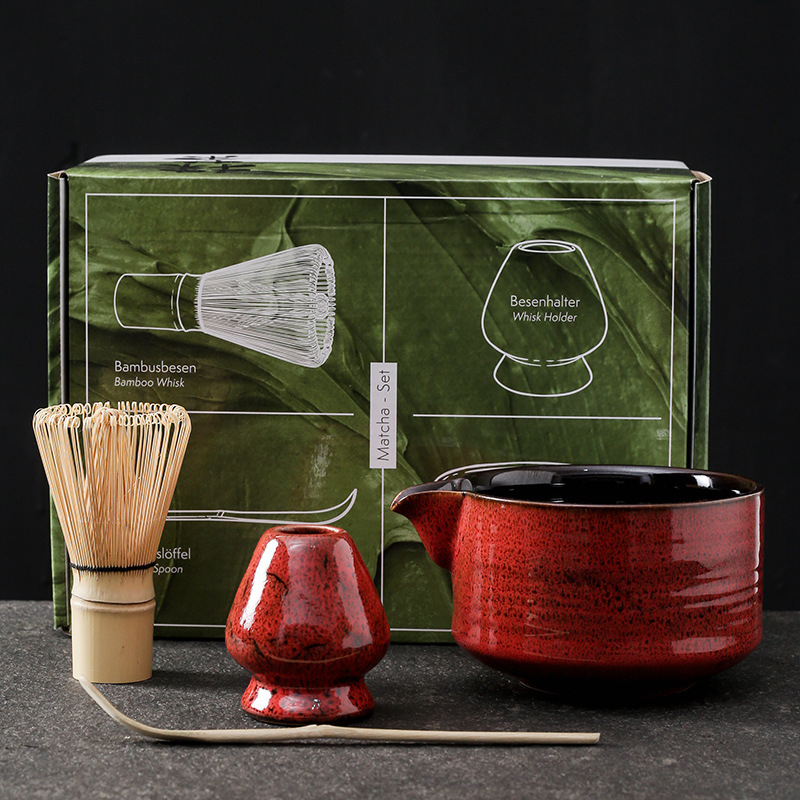 Set ceremonial de ceai din bambus, ceramică: perie pentru matcha, agitator, suport pentru chasen și bol pentru matcha