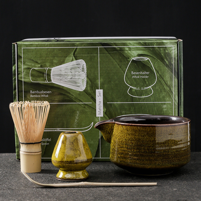 Set ceremonial de ceai din bambus, ceramică: perie pentru matcha, agitator, suport pentru chasen și bol pentru matcha